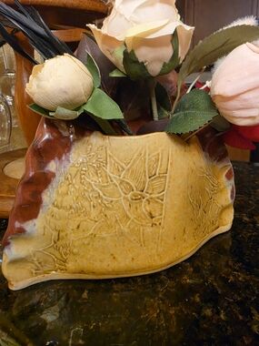 Studio Art embossed ceramic vase, signed by artist Jane Smith Rust & Tan Colored